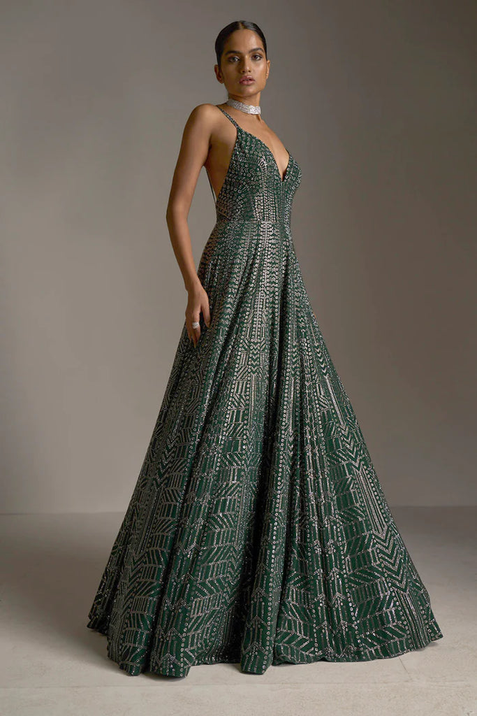 Seema Gujral Bottle Green Crystal Gown 0 / Tall